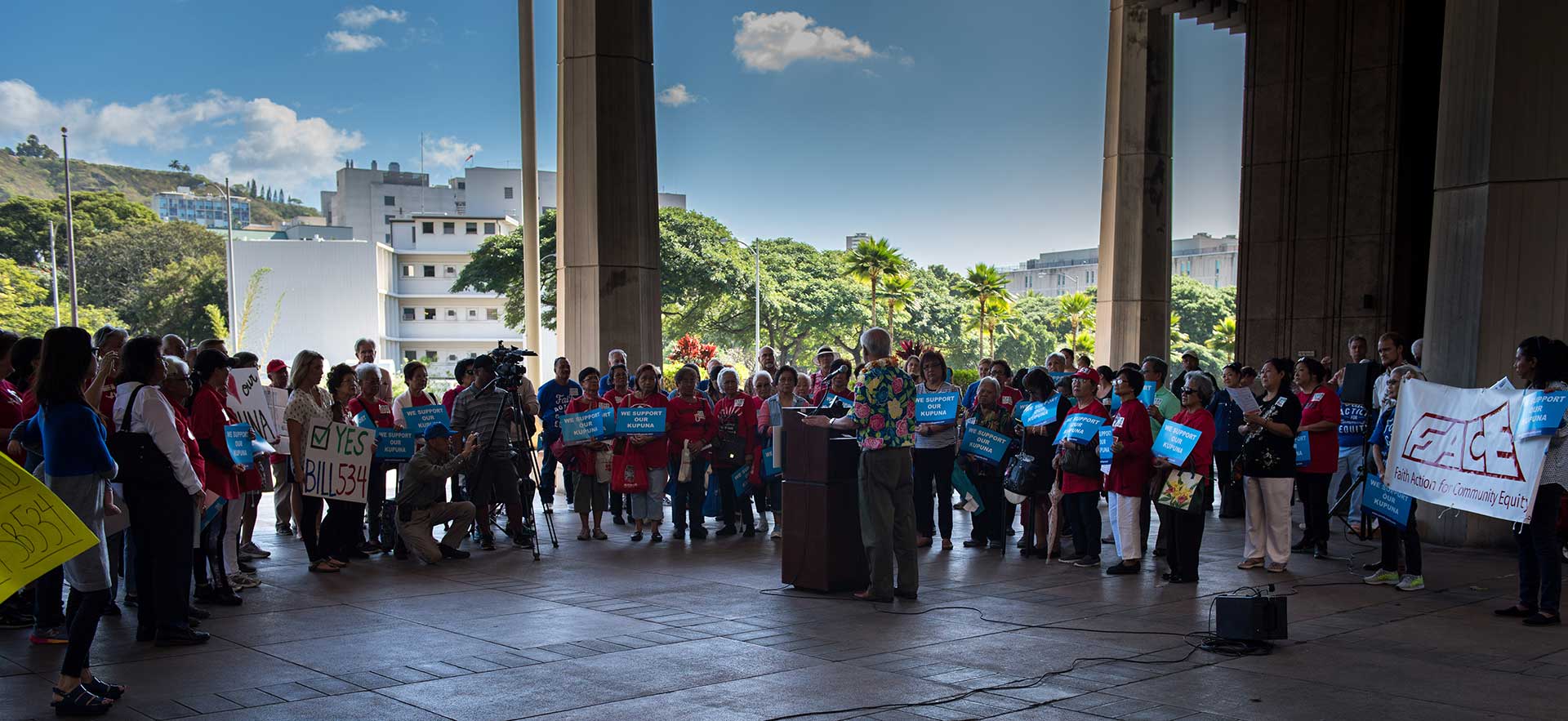 A Kupuna Caregivers rally at the Hawaiʻ State Capitol