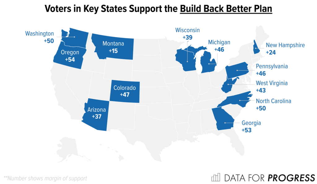Map of the United States showing the 12 surveyed states in blue, showing that margins in every state support the Build Back Better Plan. 